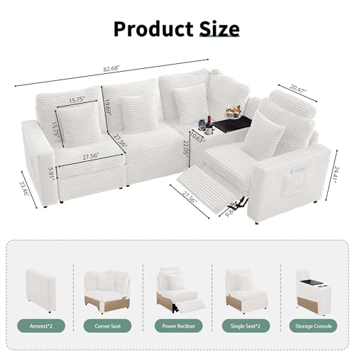 Image of RARZOE Modular Sectional Sofa with Power Recliner, 4-Seater L-Shaped Corduroy Reclining Couch with Storage Console Charging Cup Holders, Fluffy Recliner Sectional Couches for Living Room,White