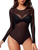Buauty Long Sleeve Mesh Bodysuit for Women, Sheer Mesh Top Round Neck See Through Leotard Jumpsuit Snap Crotch Clubwear
