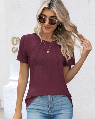 Cuptacc Camiseta Mujer Cuello Redondo Holgado Larga Plisados Manga Corta Casual Túnica Verano Burdeos Oscuro Talla L 42-44