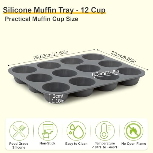 2 Pack Muffin Trays, Silicone Muffin Moulds 12 Cup, Non Stick Muffin Cupcakes Tin 12 Deep, Baking Tray for Cupcakes Yorkshire Bun Pudding, Baking Moulds Tins-30 x 22 x 3 cm - Image 3