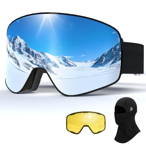 VCOROS Magnetic Ski Goggles with Quick-Change Lens, OTG Design, Anti-Fog snow goggles, UV400 Protection, Helmet Compatible Snowboard Goggles for Men & Women (Bla-Fra-Silver, Yellow-Lens, Ski Mask)
