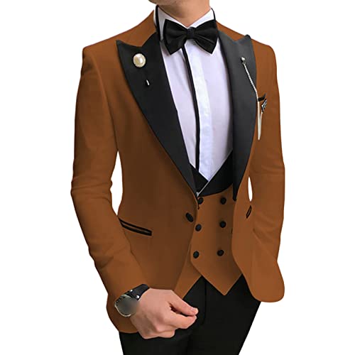 Men's Slim Fit 3 Piece Suit Set Peaked Lapel One Button Tuxedo Suits Solid Party Dinner Jacket Vest & Pants Sets (Dark Brown,2X-Small)