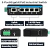 Outdoor PoE Switch 5port Gigabit Ethernet Switch with DC12V-48V Voltage Input and DC48V Output 30W PoE+ Switch Total 120W Budget Din-Rail Unmanaged Network Switch for Solar Power System