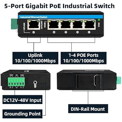 Outdoor PoE Switch 5port Gigabit Ethernet Switch with DC12V-48V Voltage Input and DC48V Output 30W PoE+ Switch Total 120W Budget Din-Rail Unmanaged Network Switch for Solar Power System