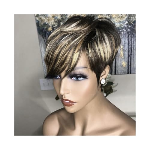 Perruque naturel coupe courte sans colle pour masquer la calvitie avec frange brune
