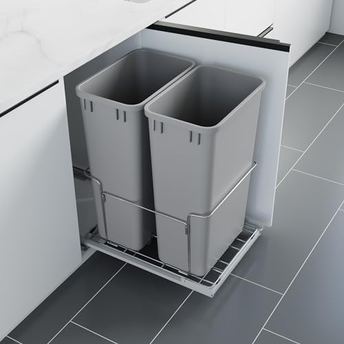 Image of Dowell B18 Aluminum Base Wastebasket Pullout with Door Mount and Two 50Qt /13Gal Plastic Bins (4012 0218+50x2)