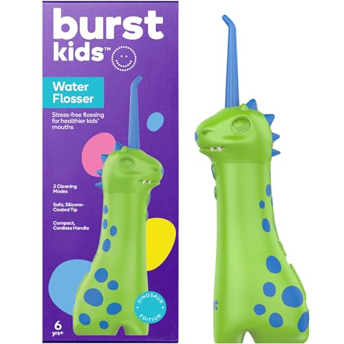 BURST Kids Water Flosser (Dinosaur) | Cordless & Rechargeable Water Flosser for Teeth | 3 Gentle Pressure Modes | Silicone Safety Tip | Braces-Friendly | Fun Kid-Safe Design | 155mL Water Tank