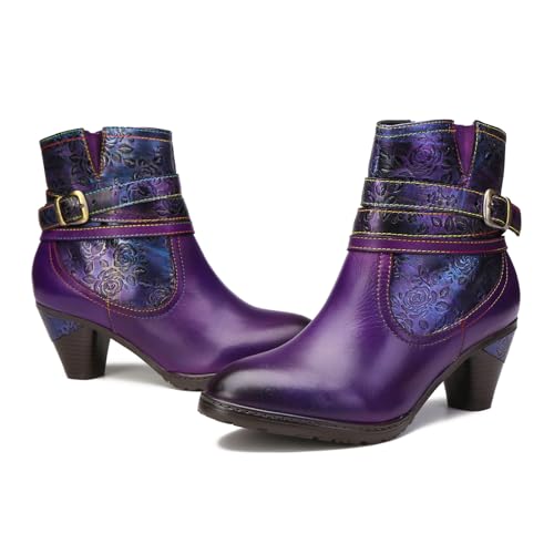 Superladystar's Handmade Floral Embossed Women's Ankle Boots, Mid Heels, Hand-Painted, Retro Style, Art Shoes4