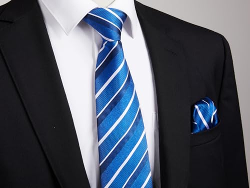 Image of Enlision Mens Ties Stripe Tie and Pocket Square Set Classic Formal Woven Neckties Handkerchief Cufflinks Wedding