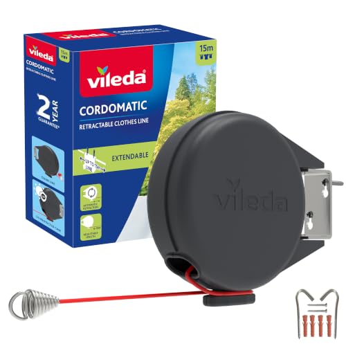 Vileda Single Cordomatic Retractable Washing Line, 15m, Holds up to 15kg