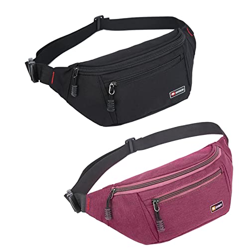 ZOORON 2 Packs Fanny Packs for Men and Women, Waterproof Sports Waist Pack Bag Hip Bum Bag for Travel Hiking Running, Black+Magenta