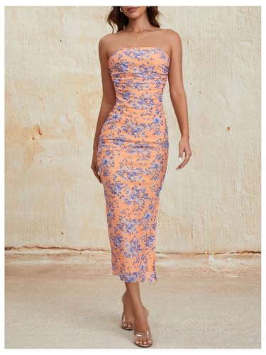 Image of Milumia Women's 2026 Summer Floral Bodycon Maxi Dress Strapless Tube Top Long Dresses Wedding Guest Party