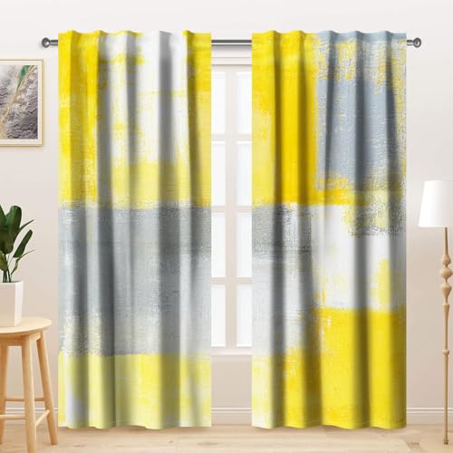 Kzzfqxb Rideaux à Passe-Tringle 132x214cm 2 Panneaux, Peinture Graffiti Abstraite Moderne Jaune Vif Gris Couleur d'épissure drapés de fenêtre, décoration...
