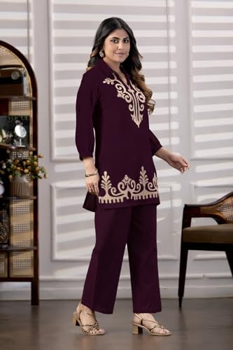 Image of Fashion Kurta Sets for Women | Co Ord Sets Stylish | Kurti Sets for Women | Short Kurti | Ethnic Embroidered Straight Kurta Sets with Pants Suits