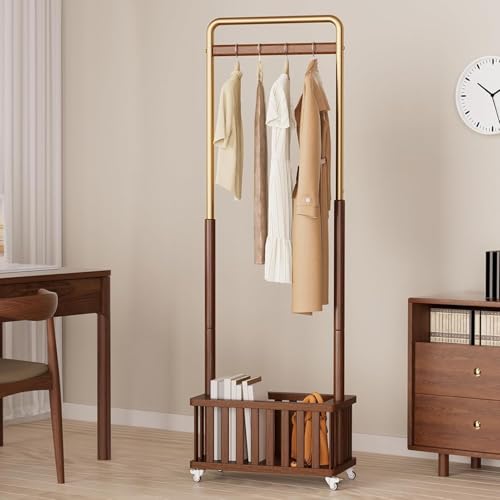 Taitiy Clothes Rack Solid Wood Coat Rack, Metal and Solid Wood Combination Clothing Rack with Wheels for Entryway, Bedroom, Living Room, Coat Racks Freestanding for Hanging Clothes Garment Scarf