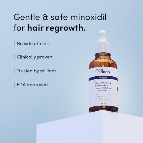 Image of Man Matters GrowMax+ Minoxidil 10% with 0.1% Finasteride Solution Serum I Prevent Hair Loss, Thinning I Revitalise Hair and Beard Regrowth I Alcohol Free, Non-Sticky, Unscented I Extra Strength | 50ml