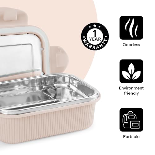 Image of Larah by BOROSIL Freshbyte Food Storage Container with Airtight Stainless Steel Lid | Fridge Container for Lunchbox | Food Grade | Microwave Safe (Beige, 400 ml, Rectangular)