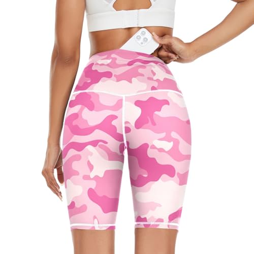 Aflyko Yoga Shorts Plus Size for Women Tummy Control Military Camo Sweet Pink Casual Vacation Trip Underwear Bottoms with Phone Pocket, XXL