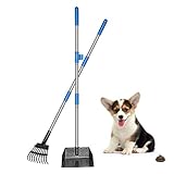 QiMH Upgraded Dog Pooper Scooper Extra Large, Adjustable Long Handle Stainless Metal Pet Poop Tray and Rake Set for Large Medium Small Dogs, Dog Waste Removal Bin Rake, Great for Grass, Street, Gravel