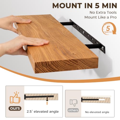Image of Elm Floating Shelves for Wall - 20 in Rustic Solid Wood Shelves with Heavy-Duty Invisible Bracket, Wall-Mounted Wooden Shelf for Living Room, Bathroom, Kitchen Storage & Display, Set of 2, Natural
