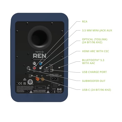 Image of Kanto REN 200W Powered Speaker System with HDMI ARC Input for TV & Home Theater | USB-C and Bluetooth 5.3 | High /Low Pass Filter | Pair | Matte Blue