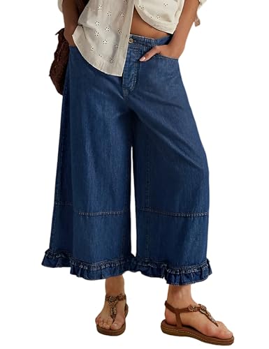 Dqbeng Wide Leg Jeans for Women Ruffle Hem Cropped Denim Pants Mid Rise Elastic Waist Baggy Jeans with Pockets