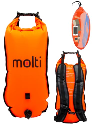molti Boya hinchable 2 en 1 y bolsa seca de 15 l, 28 l, boya para adultos, boya Baywatch, color naranja, seguridad al nadar al aire libre y al triatlón (BA003, naranja, 28 L)