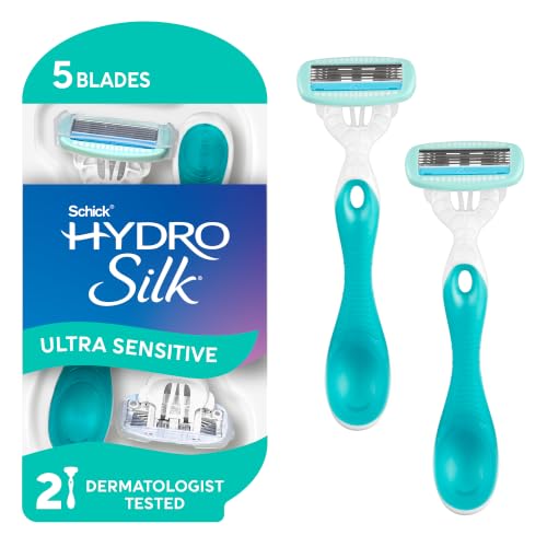 Schick Hydro Silk Sensitive Womens Disposable Razors 2 Count 5-Blade Disposable Razors for Women Sensitive Skin Travel Razor for Women