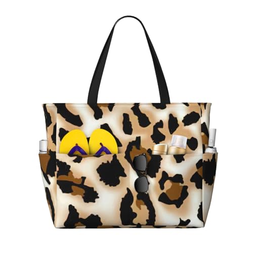Fashion Leopard Print Beach Bag Waterproof Beach Totes Bags For Women, Lightweight Foldable Pool Bag With Zipper Wet Compartment