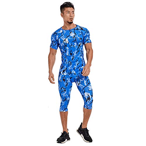 Rikay Men’s Print Compression Set, Sport Cropped Leggings Fitness Shirt Short Sleeve Tights Set Base Layer for Workout Dark Blue