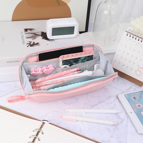 Image of iSuperb Pencil Case Portable Pencil Pouch Large Capacity Pen Bag Handheld Pen Case Cosmetic Stationery Storage for Women Adult (Pink)