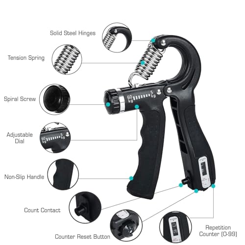 Image of Hand Grip Strength Trainer, Hand Grip Strengthener with Counter, Adjustable Resistance 5 to 60 kg, Non-Slip Gripper, Perfect for Athletes & Hand Exercising (Black)