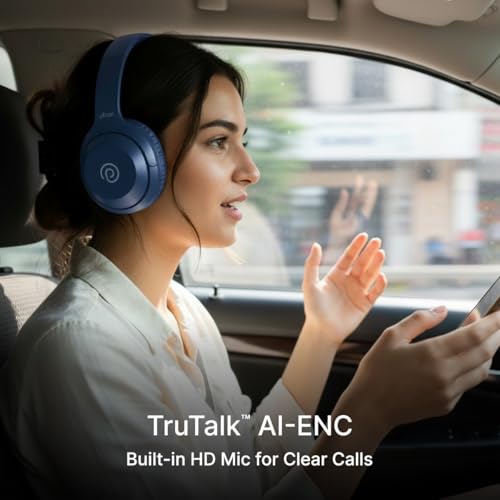 Image of pTron Studio Classic w / 75Hrs Playtime, Wireless Over Ear Headphones w /HD Mic, Dual Device Pairing, TruTalk AI-ENC Calls, Low-Latency Game & Music, Deep Bass, BT5.4 & Type-C Charging (Blue)
