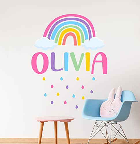 Rainbow Custom Name Wall Decal - Multicolor Personalized Name Wall Sticker - Colorful Raindrops Rainbow Decor Vinyl Sticker (24"W x 30"H)