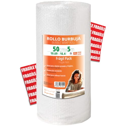 OFITURIA Luftpolsterfolie Verpackung 50cm x 5m – Fragil-Pack mit 12 FRAGILE Aufklebern – ideal für Umzug, Verpackung, Polsterfolie, bubble wrap