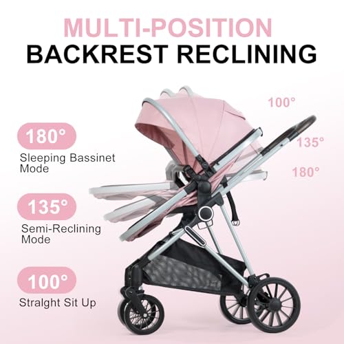 Image of 2-in-1 Baby Stroller with Bassinet Mode - Folding Infant Newborn Pram with Reversible Seat - for 0-36 Months Baby Girl Pink