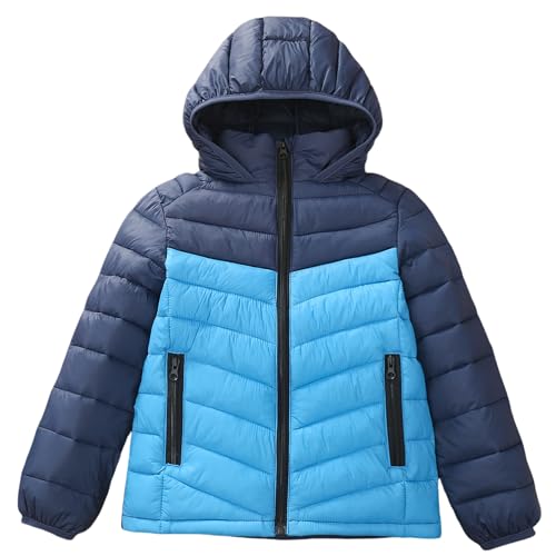 Image of Boys Hooded Lightweight Puffer Jacket Waterproof Winter Coat | Insulated warmth for school commutes, soft chin guard, chevron quilted channels stop fill shifting, windproof, inside pocket