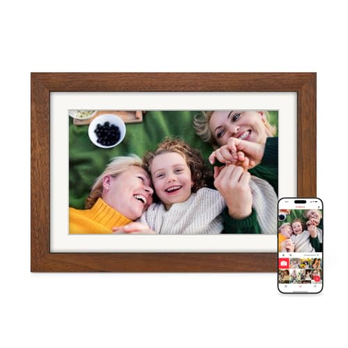 Frameo Cadre Photo Numérique WiFi 10.1 Pouces Noyer Bois Mémoire 32 Go, Écran Tactile HD IPS 1280 x 800, Auto-Rotation, Partage de Photos Vidéos Via Frameo APP/USB/SD, Cadeau Femme Homme