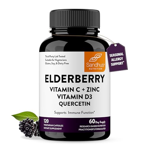 Sandhu'S Elderberry Vitamin C And Zinc 120 Capsules | With Quercetin And Vitamin D3 | Immune Support For Adults | Herbal Supplement For Men And Women cover