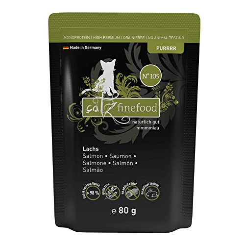 catz finefood Purrrr Lachs Monoprotein Katzenfutter nass N° 105, für ernährungssensible Katzen, 16 x 80 g