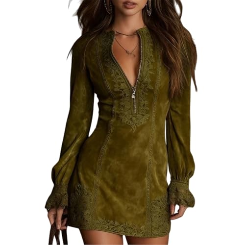 Mini robe en suédine avec bordure en dentelle pour femme - Col en V - Fermeture éclair sur le devant - Manches longues, vert olive, XL