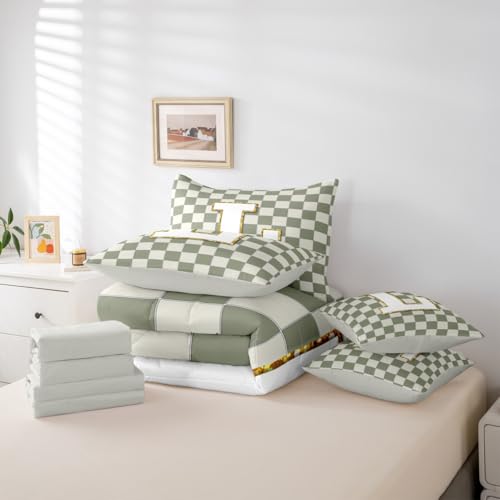 Image of Erosebridal Sage Green Checkered Twin Bed in A Bag 7 Piece Plaid Initial L Comforter Set with Sheets Personalized Monogram Bedding Sets for Kids Adults,Fashion Grids Gingham Bed Set