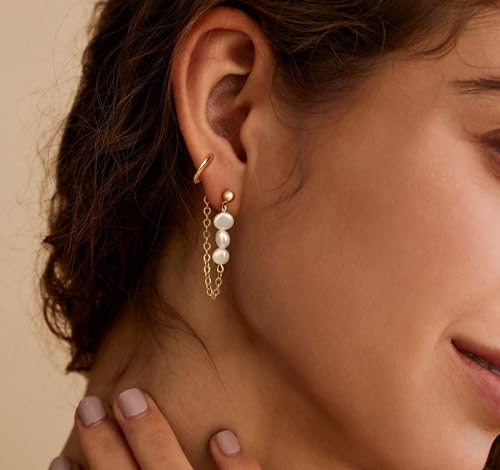 Moodear Pearl Dangle Hoop Earrings for Women - Dainty Hypoallergenic 14K Gold Plated Small Drop Chain Hoops Trendy Earring Sets for Multiple Piercing Jewelry3