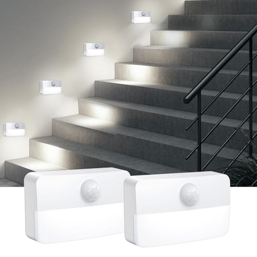 Image of AMIR 2 Pack Mini Motion Sensor Stair Light for Indoor, Battery-Powered LED Night Light, 40 Lumen 6500K, Cordless Closet Lights, Safe Lights for Stairs, Hallway, Bathroom, Kitchen, Cabinet