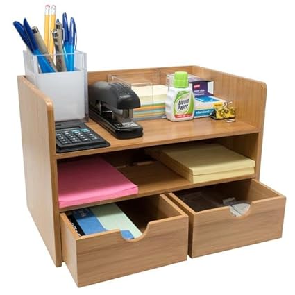 Desk Organizer for Office Use 2 Drawe 2 Slot Pen Pencil Statinary Storage Wooden Pen Stand, Wooden Desk Organizer with, Wooden Pen Holder with Solid Wood Inserted for Doctors, Teacher, Friends