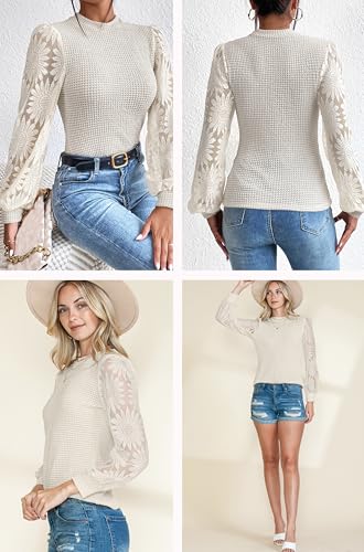 Image of BLENCOT Womens Casual Crochet Top Mesh Lace Long Sleeve Shirts Waffle Knit Blouse Crewneck Shirt Fall Womens Tops Pullover