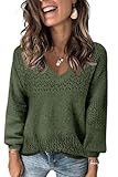 Fisoew Damen V-Ausschnitt Strickpullover Langarm Gerippte Pullover Leicht Häkelpullover Casual Sweater,Armeegrün,M
