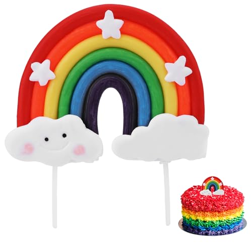Soft Pottery Cute Rainbow Star Cloud Cake Decorations - Colorful Rainbow Cupcake Topper - Personalized Reusable Happy Birthday Cake Topper - Birthday Party Decorations Supplies