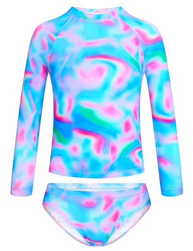Girls Swimsuit Size 5-6 Years Blue Tie Dye Long Sleeve Rash Guard Sets Beach Surfing 2-Piece Bathing Suits Swimwear