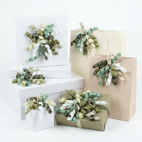 YKW Green Ombr Curly Gift Bows for Wrapping - 6 Pack Large 4 Self Adhesive Grosgrain Ribbon Bows for Nature Lovers Earth Day St. Patricks & Woodland Theme Decorations